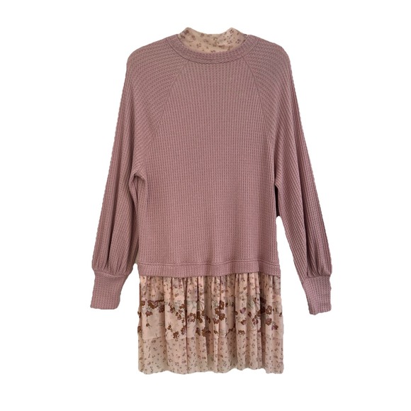 Free People Sweet Escape Thermal‎ Waffle Knit Layered Tunic Pink Floral Dress M - Picture 9 of 10